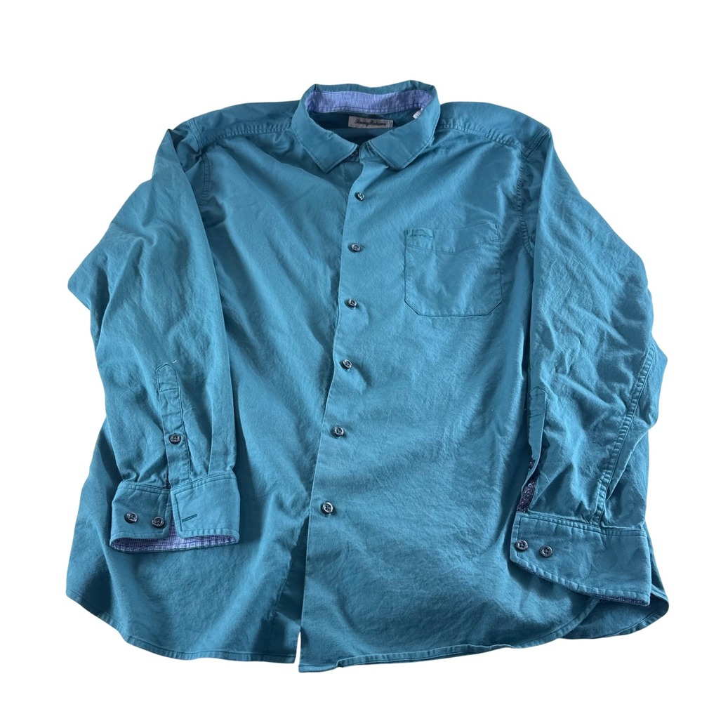 Tommy Bahama Large Teal Blue Cotton Silk Blend Button Down Shirt Long Sleeve